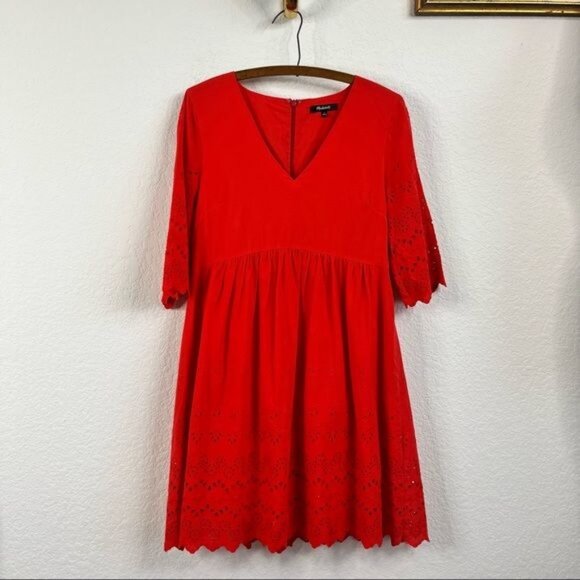 Madewell Eyelet Lattice Dress Peplum Eyelet V Neck Swing - Picture 3 of 10